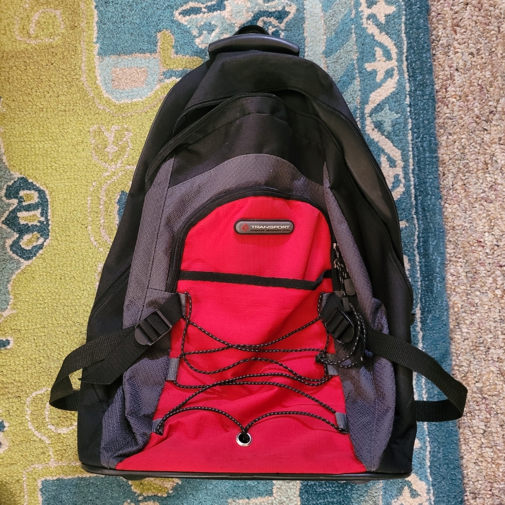 Red and Black Backpack With Wheels And Expandable Handle